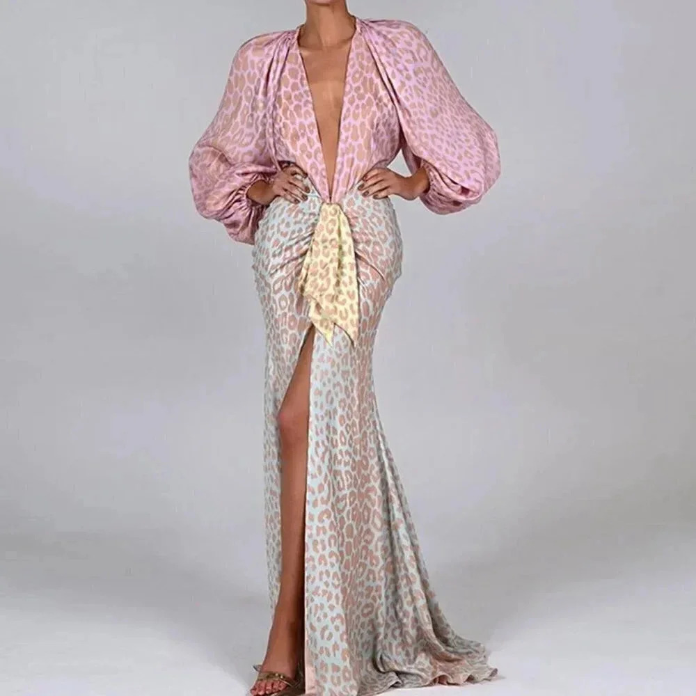 Women Fashion Elegant Lantern Sleeve Color CHEETAH Print Deep V Neck Maxi Dress